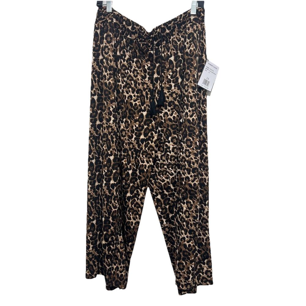 Robert Louis Womens 2X Leopard Animal Print Pull On Wide Leg Pants Stretch NWT
